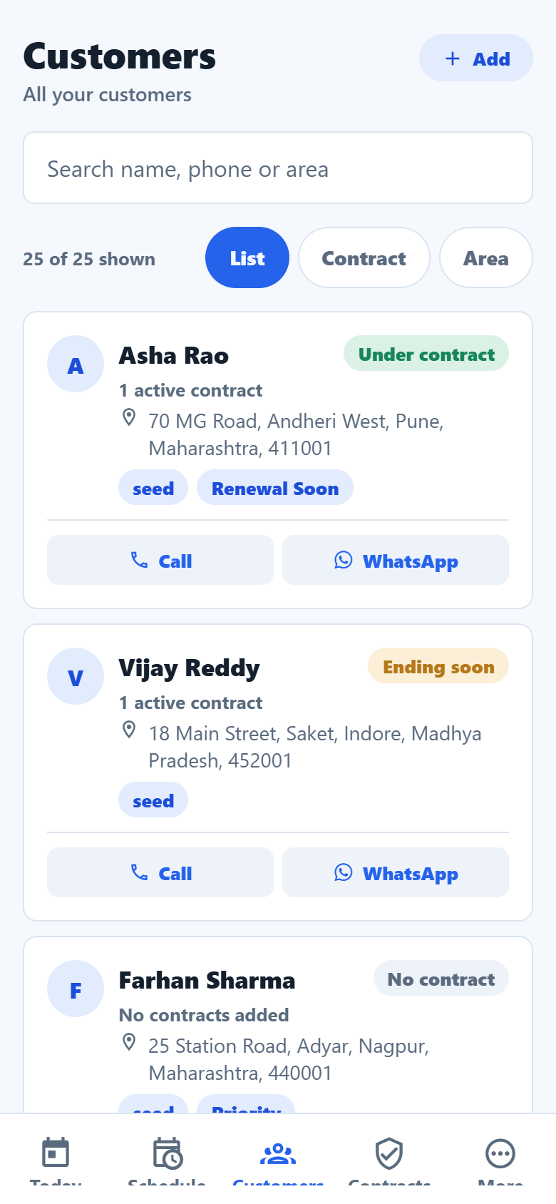Customers list