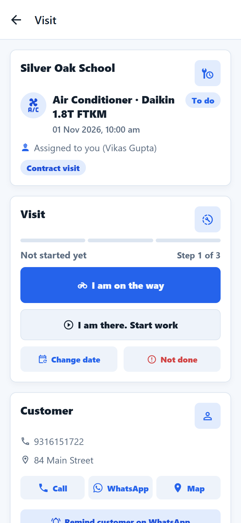 Visit page, technician view